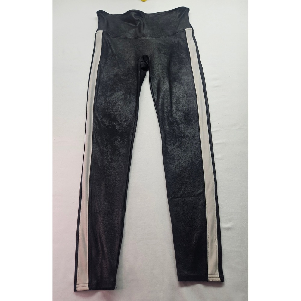 Spanx Faux Leather Side Stripe Leggings Black White High Waist Large L Tuxedo